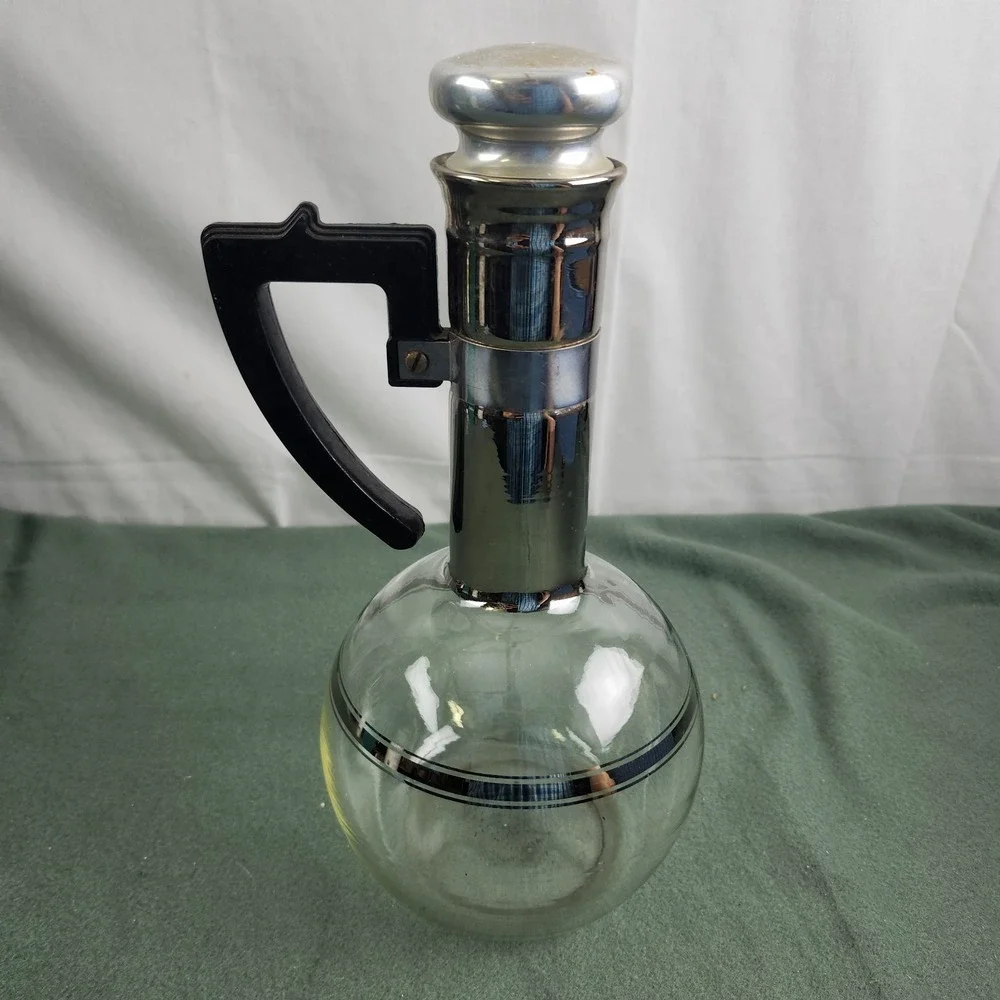 Vintage Inland Glass Carafe MCM Coffee 2‎ Cup Silver Tone w/Stopper Bakelite